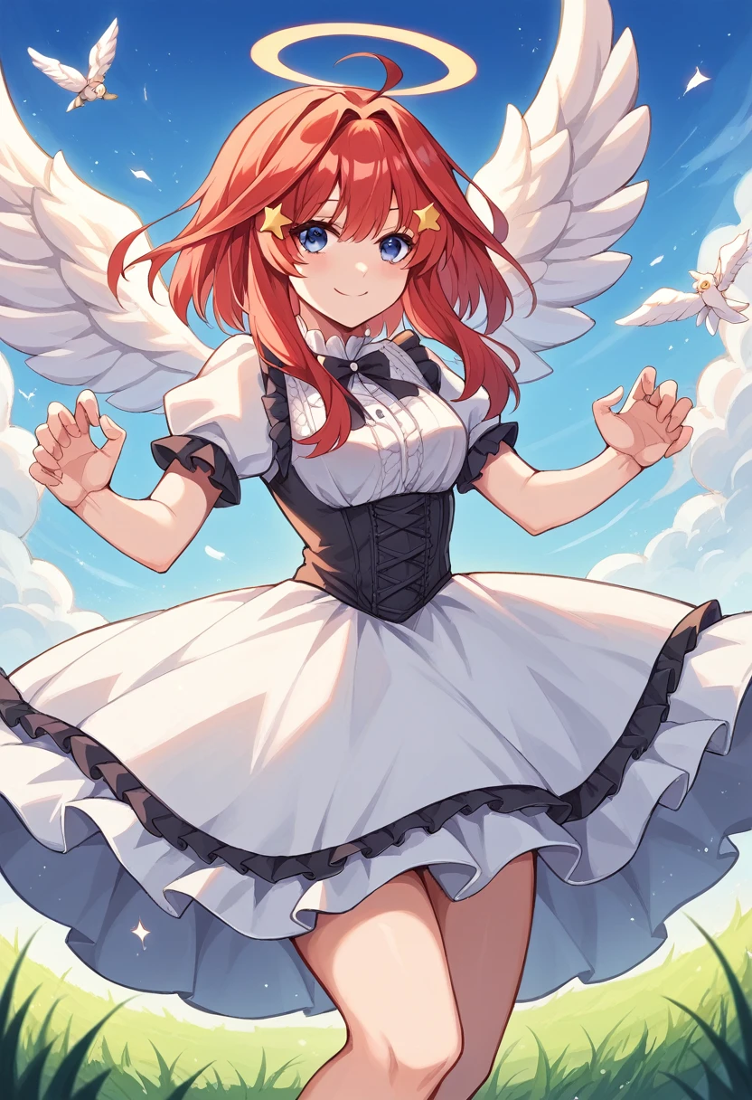 itsuki nakano, bangs, blue eyes, hair between eyes, ahoge, red hair, star \(symbol\), hair ornament, star hair ornament, Red and white dress, Victoria Gothic ****ta Fashion, ****ta Style, , rococo dress, ****ta fashion, one-piece,dress,petticoat,dynamic pose, angel wings, frills, tighthighs,halo, blue sky, grassy terrance,smile