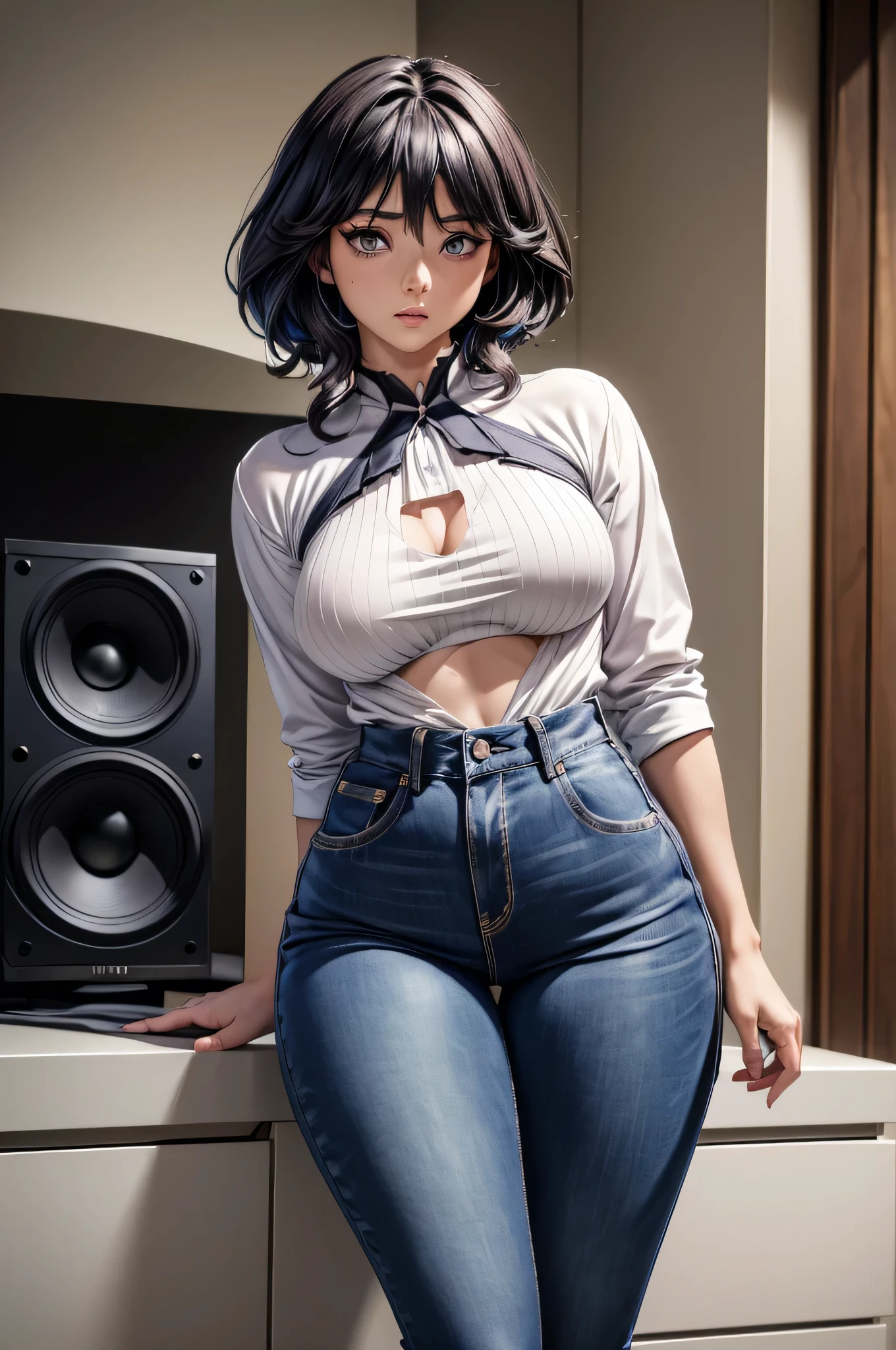 (hyuga Hinata, very sensual, with tight clothes, big-, legs thick, Wearing extremely tight jeans, wearing a mini blouse, umbigo com pirsing, big hair, Speaker behind, very realistic, extremely sex8k, extremely detailed 8K), (an extremely delicate and beautiful), (Masterpiece artwork), (best qualityer: 1.0), (ultra highres:1.0)