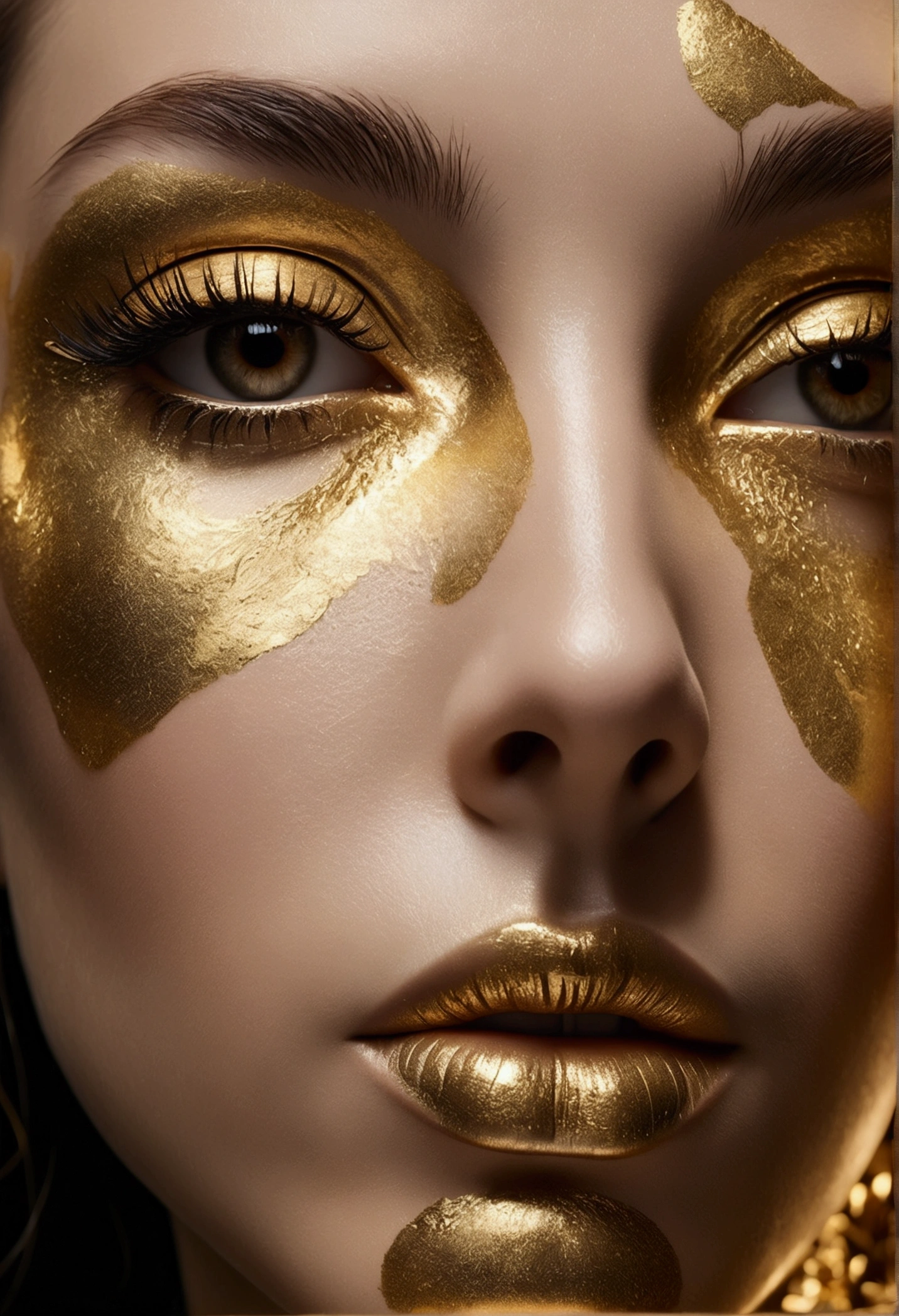 (best picture quality，4k,8k，high-definition，masterpiece:1.2)，Ultra-detailed，(lifelike，lifelike，lifelike:1.37)。Liquid Gold Woman’s Face
Abstract close-up of a woman’s face, featuring a dramatic combination of black and gold with flowing textures. This elegant artwork blends contemporary design with luxurious elements, perfect for adding a modern and sophisticated touch to any space.