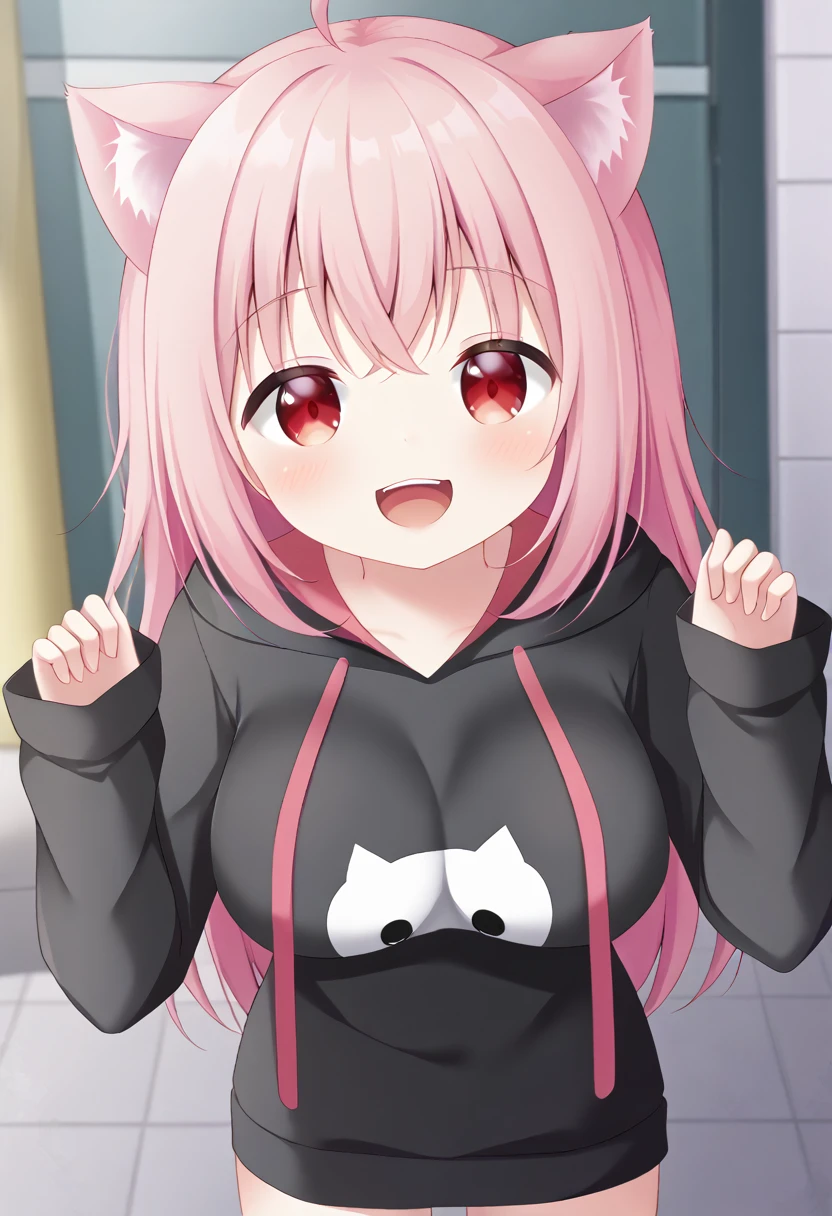 Cat ear、Pink Hair、Red eyes、Half-eye sauce、Looking at me、Moe sleeves、Ahoge、Double teeth、laughing、Black cat、Big Breasts、Straight Bangs、hoodie pink、