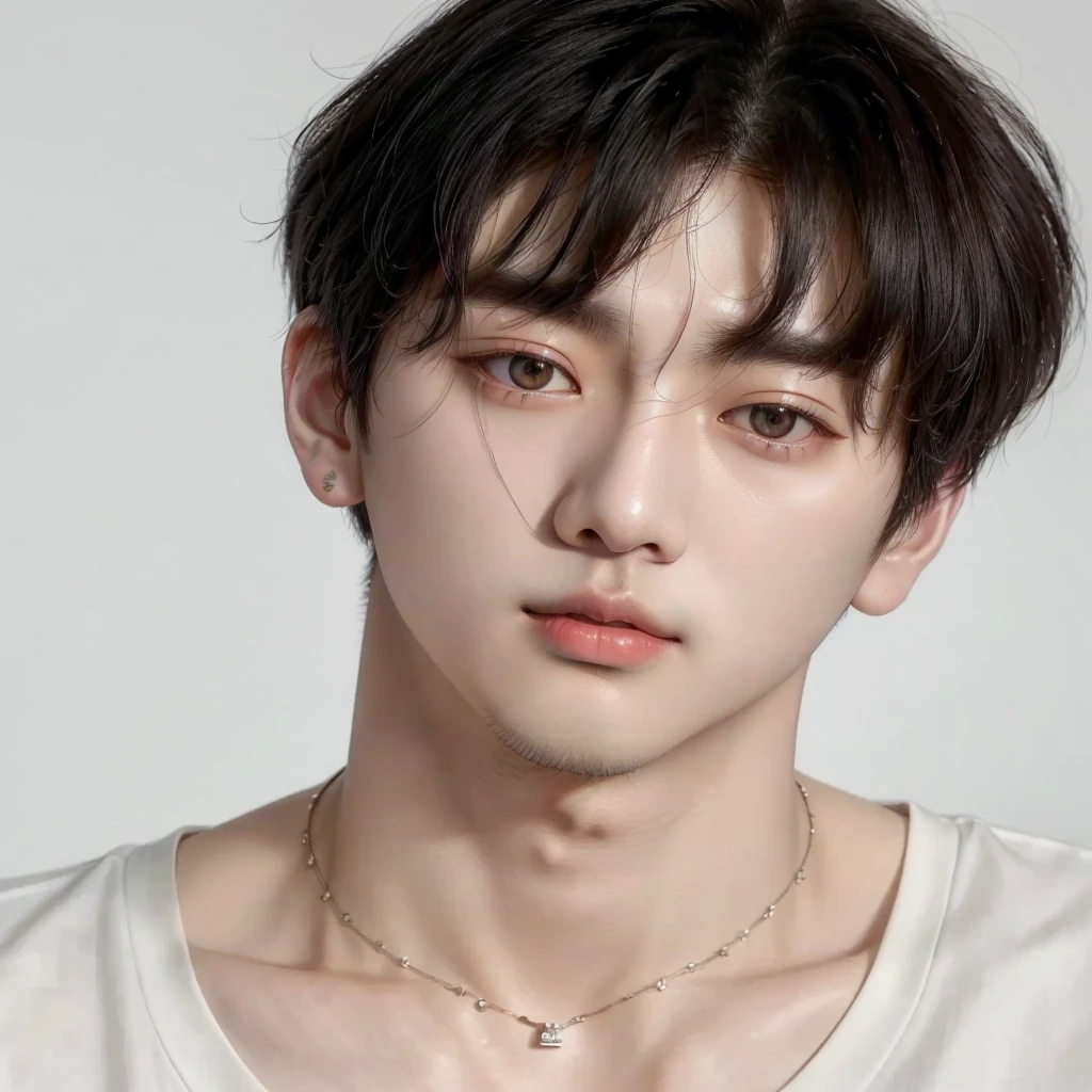 A close-up of a person wearing a white shirt and a necklace, Jinyoung Shin, Kim Doyoung, Hyung Tae, hong june hyung, Cai Xu Kun, Yanjun Chengt, kpop idol portrait, Shin Jeongho, jungkook, Seseon Yoon, Inspired by Bian Shoumin, inspired by jeonseok lee, jinyoung blackhead aesthetic, ten reads