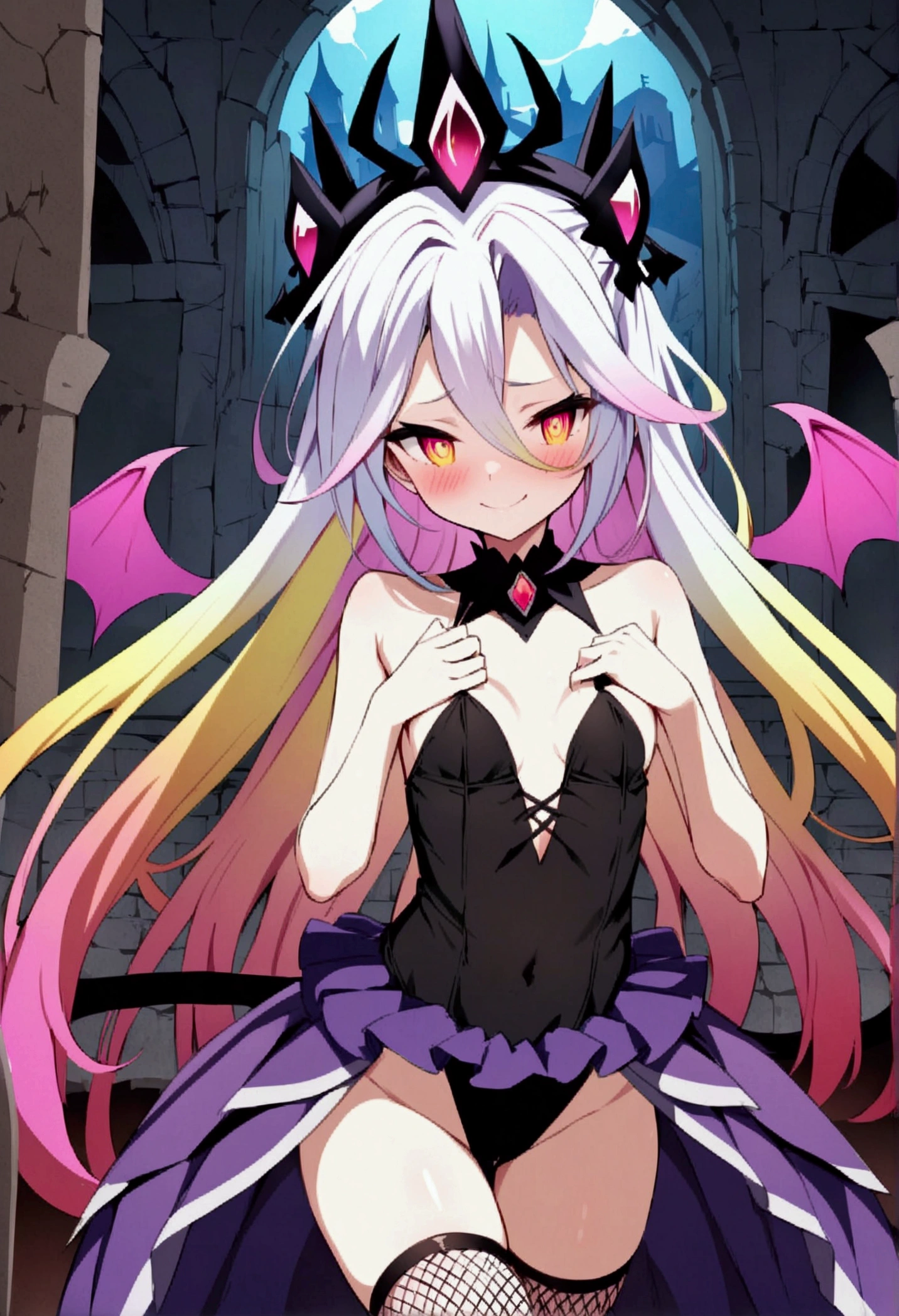NSFW,masterpiece,Highest quality,High resolution,Very detailed,white\(no game No life\),Small breasts,Multicolored Hair,Gradient Hair,Bad smile,blush,(devil),devilの角,(tail),(wing),High-quality black frill dress,leotard,Fishnet tights,Bossy Pose,Abandoned Castle