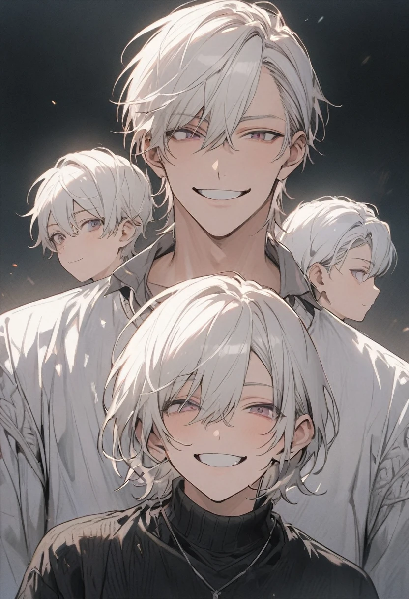 White Hair, Short Hair, 30generation, male, good looking, Bad look, knit, Upper Body, Are standing, Background white, male一人, smile, Bossy,