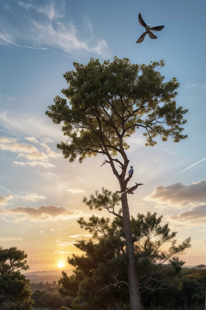 LATE AFTERNOON WITH BIRDS ON THE TREE AT GOLDEN SUNSET