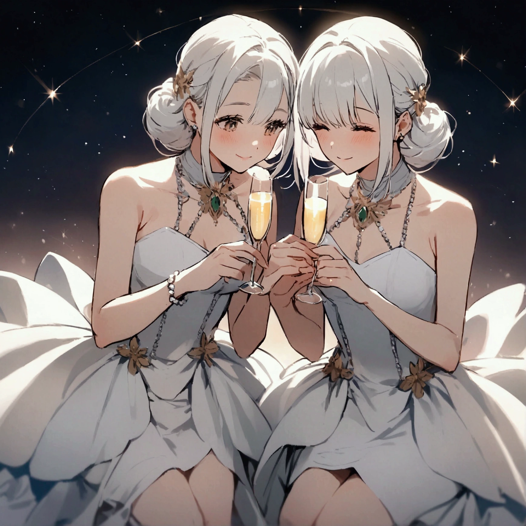Friends looking at pictures together, Hold champagne glasses and clasp hands