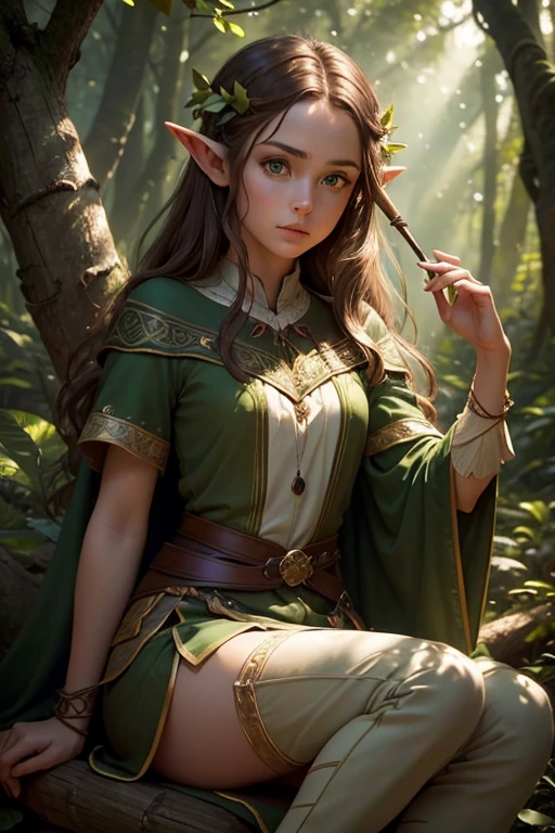  girl, forest elf with brown hair and green eyes, slim, spear weilder, sitting on a branch in a tree, modest, fantasy forest background, ornate bow, detailed wooden branch, sunlight filtering through leaves, lush greenery, intricate details, high quality, intricate, cinematic lighting, warm color palette, photorealistic, masterpiece