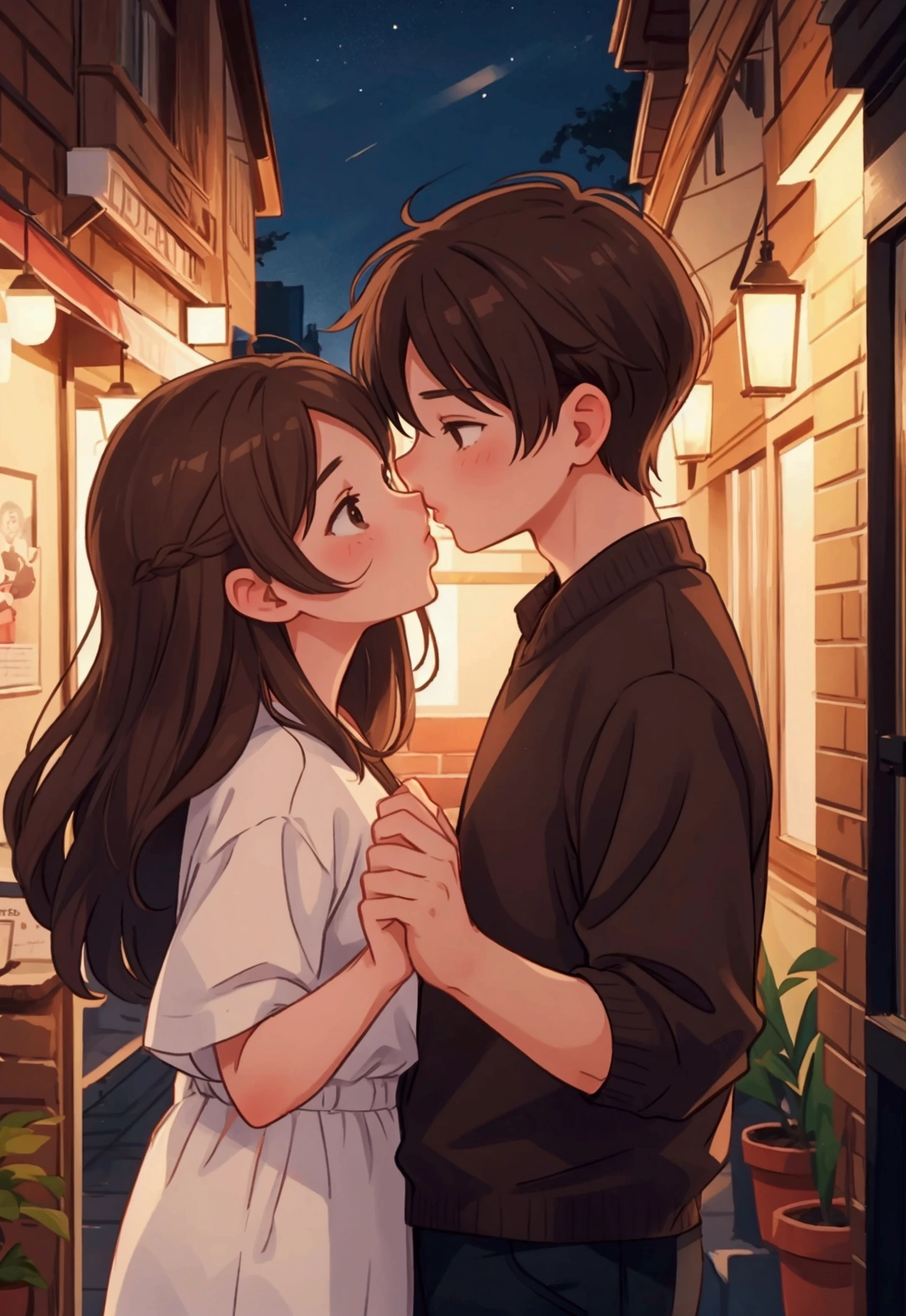 a couple kissing , male and female, brown hair, night time
