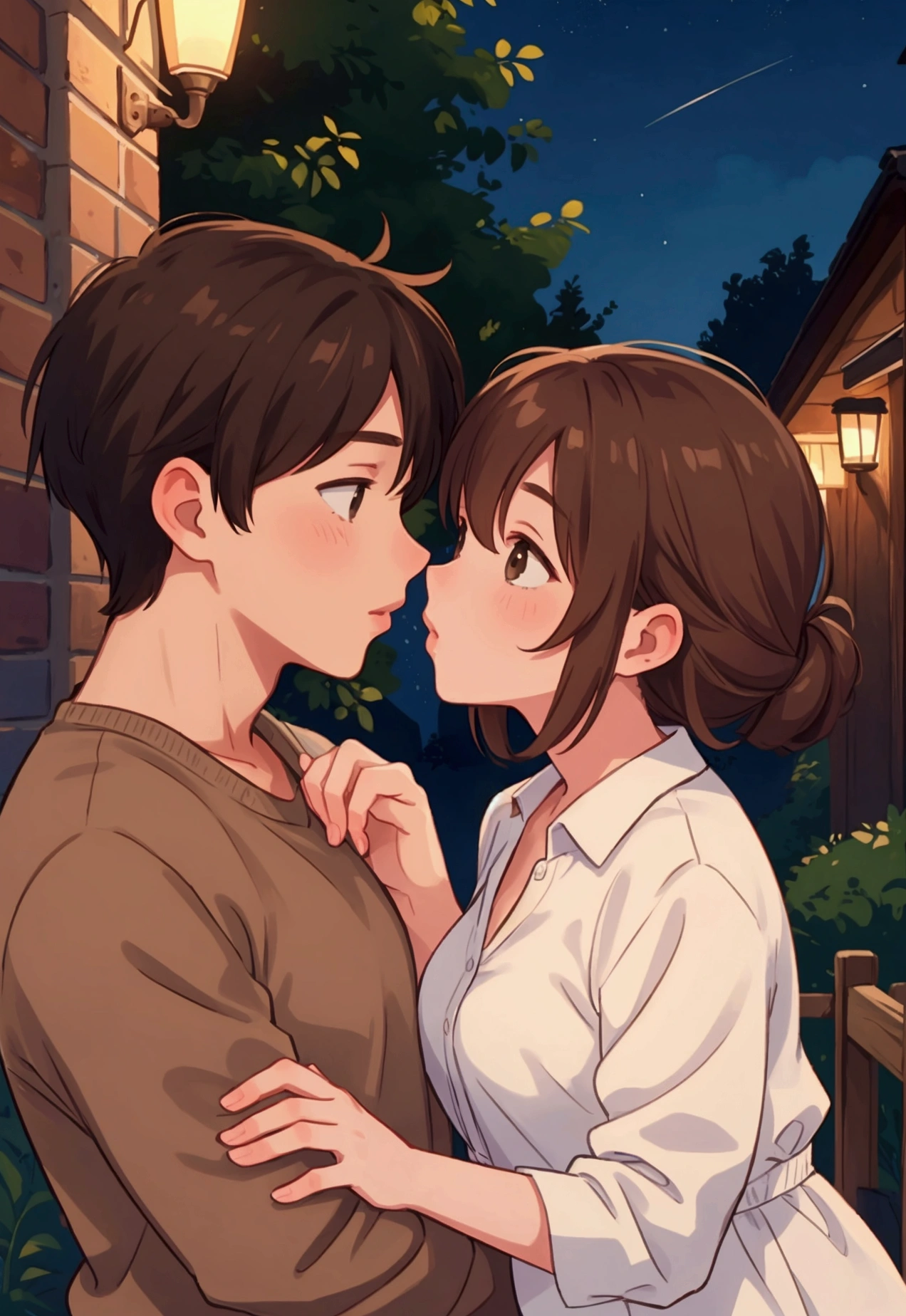 a couple kissing , male and female, brown hair, night time