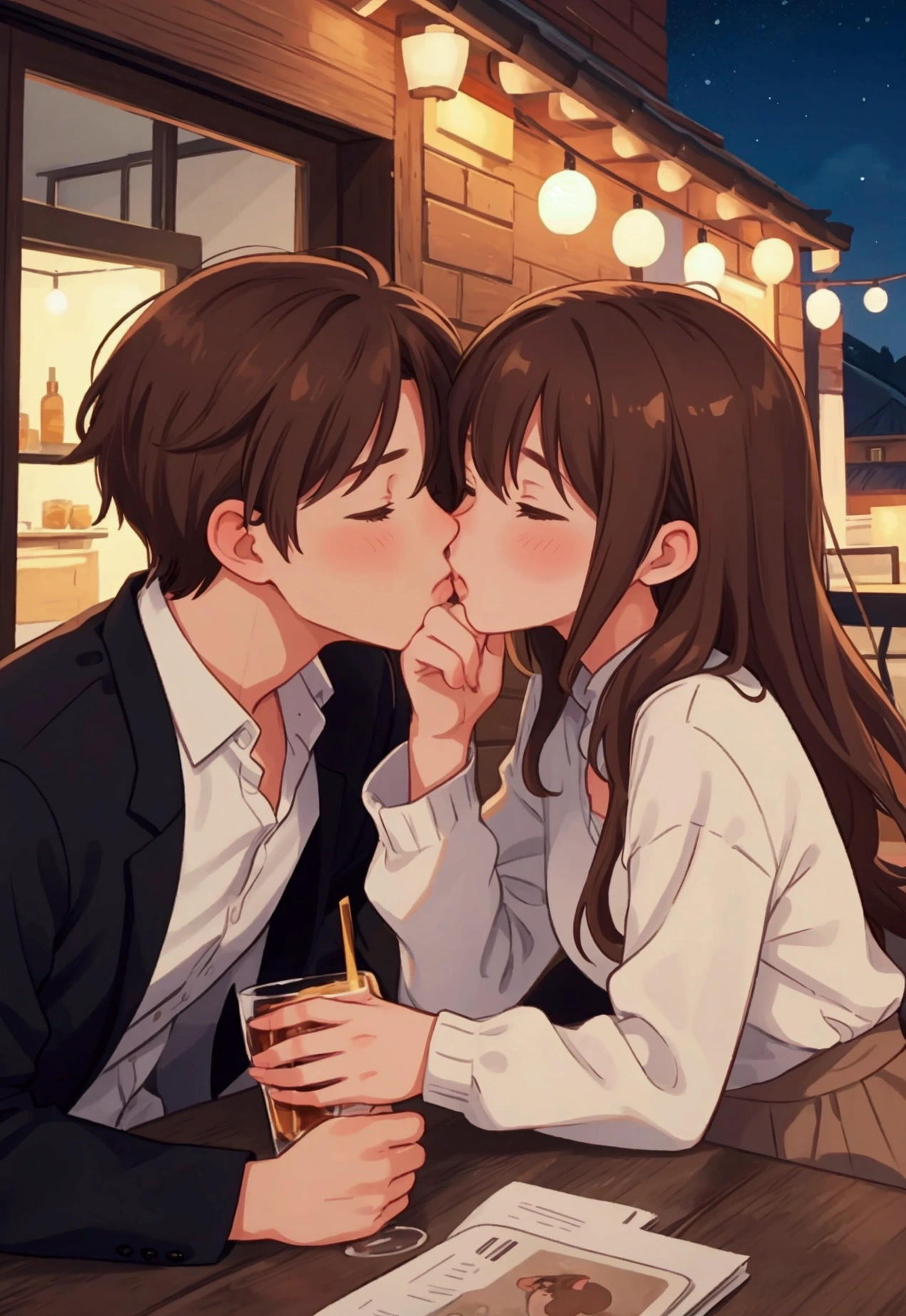 a couple kissing , male and female, brown hair, night time