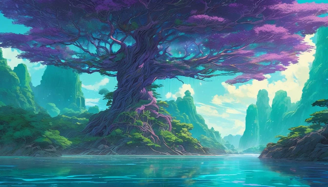 Luminescent Grand silk, Colossal Mangrove veils with Bioluminescent veins of light illuminating the alien jungle landscape, Grand tree silk threads, Turquoise and Purple color scheme only, Turquoise and Purple colors only, Turquoise and Purple, Made in Abyss, Stormlight Archive, Studio Ghibli, Anime Key Visual, by Makoto Shinkai, Deep Color, Intricate, 8k resolution concept art, Natural Lighting, Beautiful Composition, Xianxia style