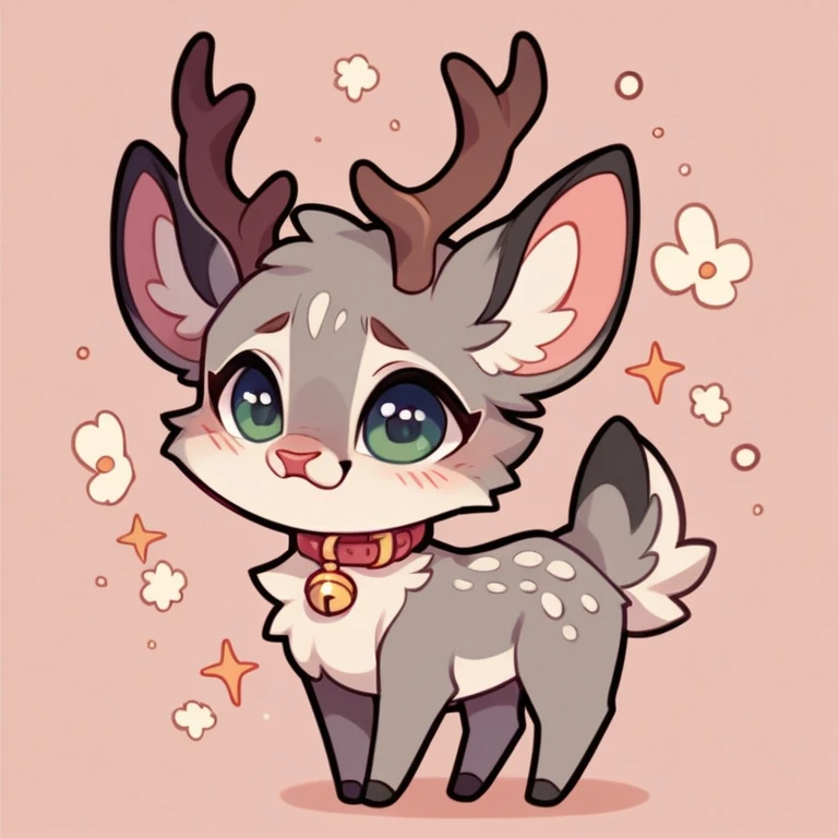cute,furry,Collar,Tail, cat, deer antlers, small deer tail, chibi, , cute, fawn spots, begging, grey fur, magical creature, solo,