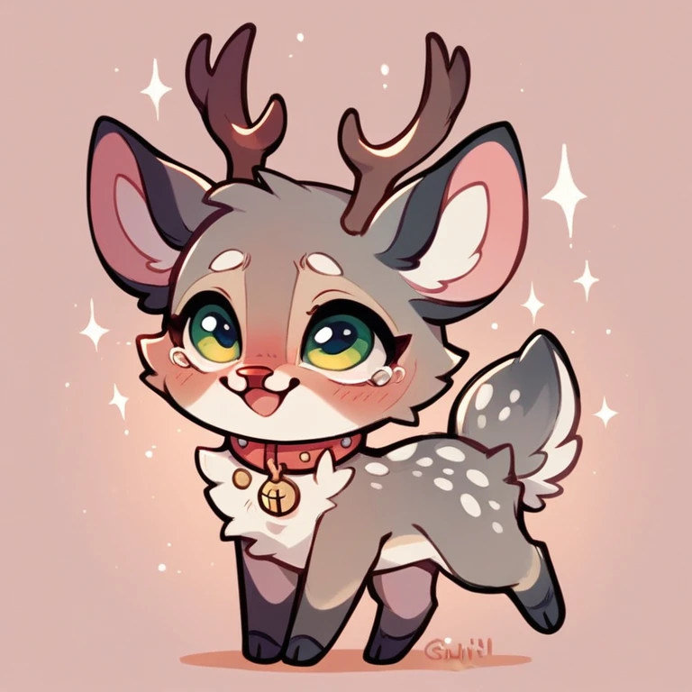 cute,furry,Collar,Tail, cat, deer antlers, small deer tail, chibi, , cute, fawn spots, begging, grey fur, magical creature, solo,