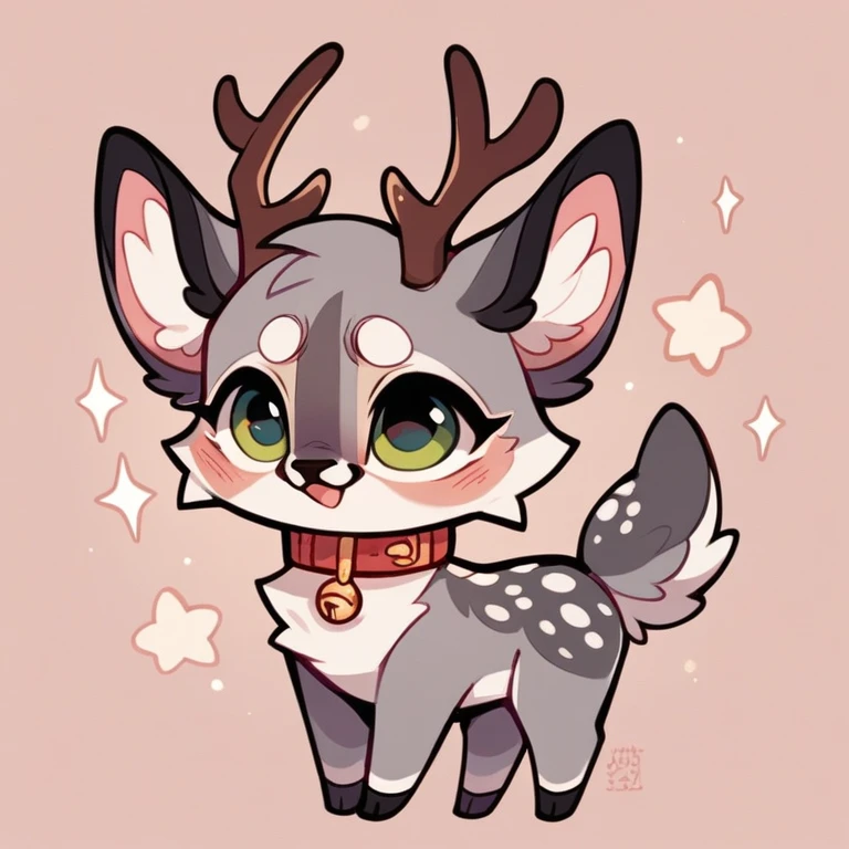 cute，furry，Collar，Tail, cat,  deer antlers, small deer tail, chibi, , cute, fawn spots, begging, grey fur, magical creature, solo,