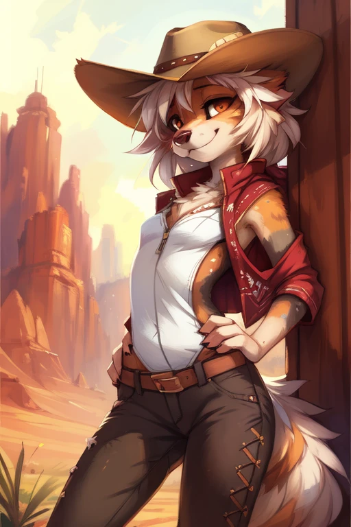 by kenket, by Zackary911, by hyattlen, by teranen, by fumiko, by Pixelsketcher, by Bayard Wu, by Einshelm, by Kilinah, by Hioshiru, by fluff-kevlar, by Dimwitdog, Furry, Anthro, solo, ((australian shepard)), ((female)), (slender), ((young)), ((fluffy tail)), grey fur, floppy ears, ears down, short white hair, small breasts, short tail, lace leotard, embroidery, crotch zipper, unzipped, chest fluff, erotic, desert, dirty, sweaty, cowboy hat, poncho, chaps, ribs, smug, dynamic pose,
