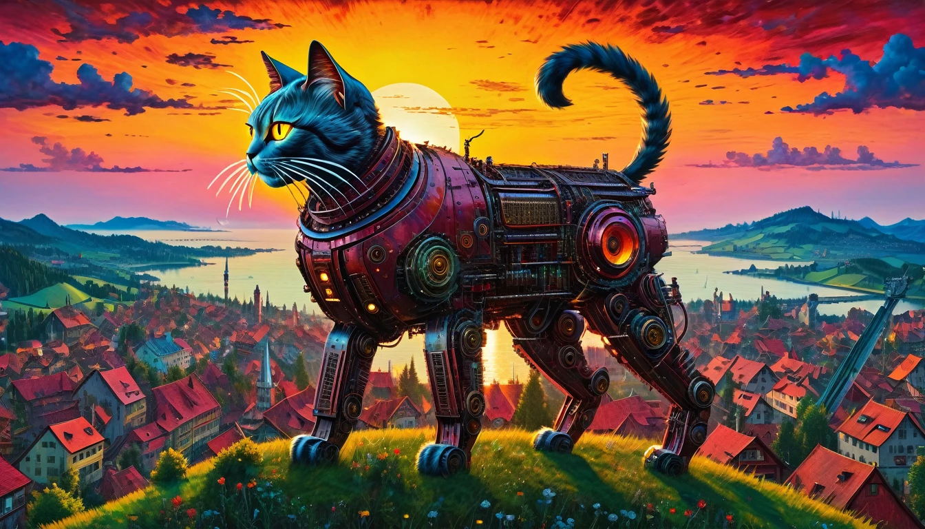 ((top air view)) A giant cat made of metal, robot, cyberpunk crimson sunset, created ((in the style of Albrecht Altdorfer)), Renaissance, pin-dot art,((oil painting knife)), rainessanse older gradient, Complex details, intricate, aesthetics, ((best quality, Masterpiece)),
((Highest detail), Octane rendering, 8K