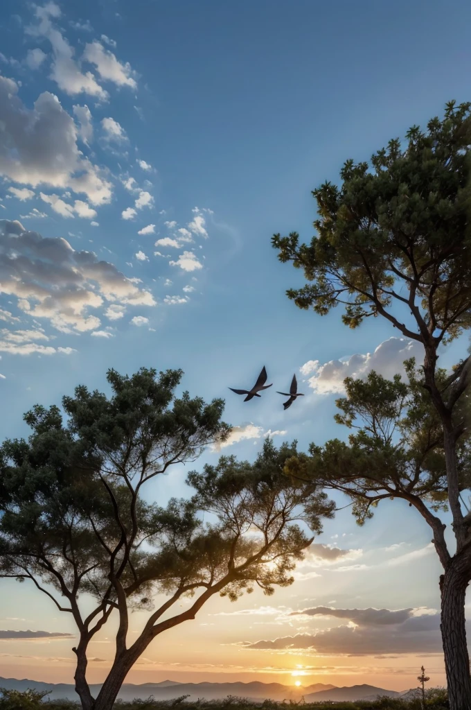LATE AFTERNOON WITH BIRDS ON THE TREE AT GOLDEN SUNSET