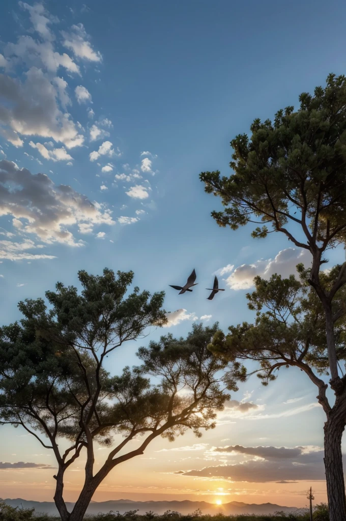 LATE AFTERNOON WITH BIRDS ON THE TREE AT GOLDEN SUNSET