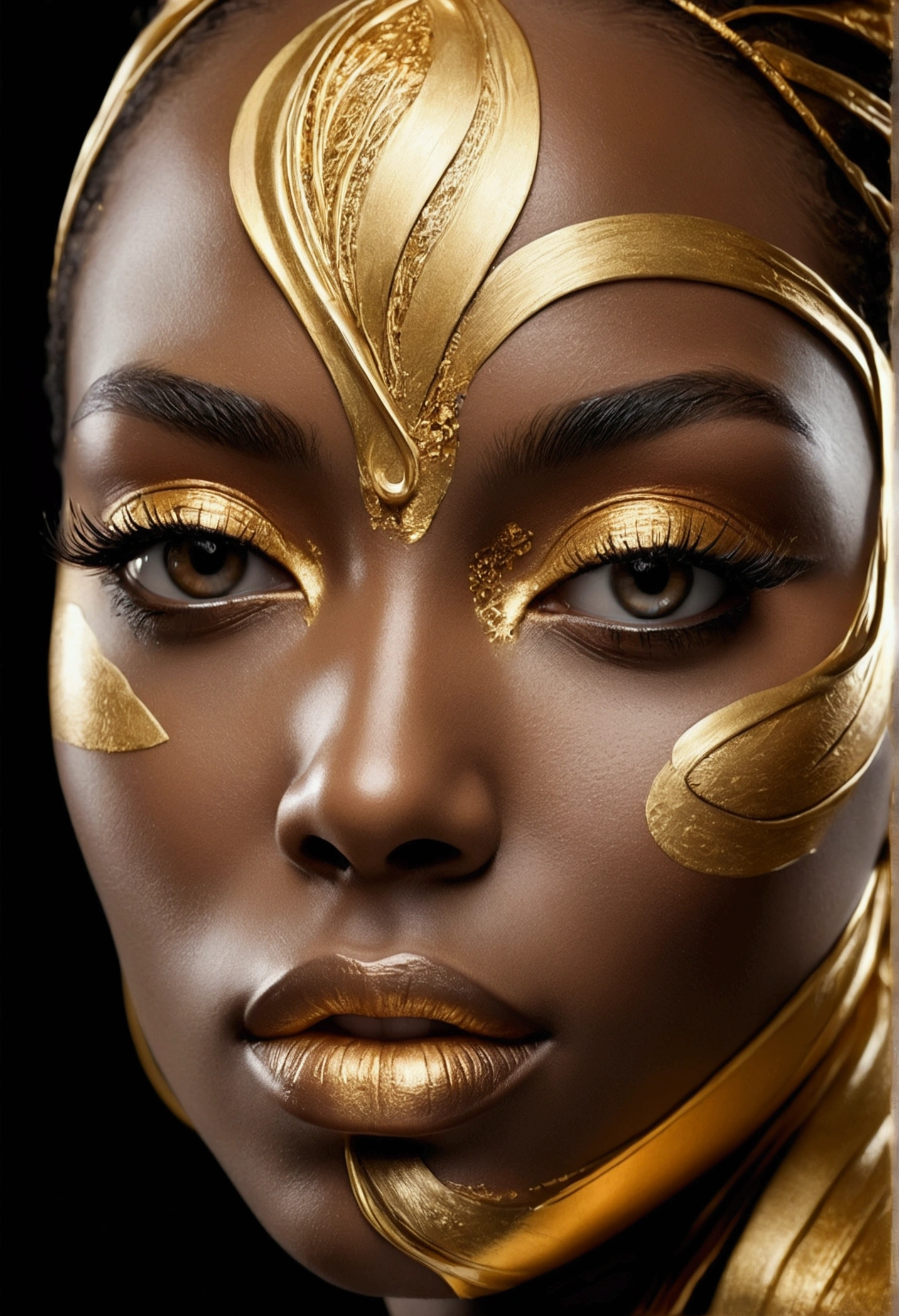 (best picture quality,4k,8k,high-definition,masterpiece:1.2),Ultra-detailed,(lifelike,lifelike,lifelike:1.37)。Liquid Gold Woman’s Face
Abstract close-up of a black woman’s face, featuring a dramatic combination of black and gold with flowing textures. This elegant artwork blends contemporary design with luxurious elements, perfect for adding a modern and sophisticated touch to any space.