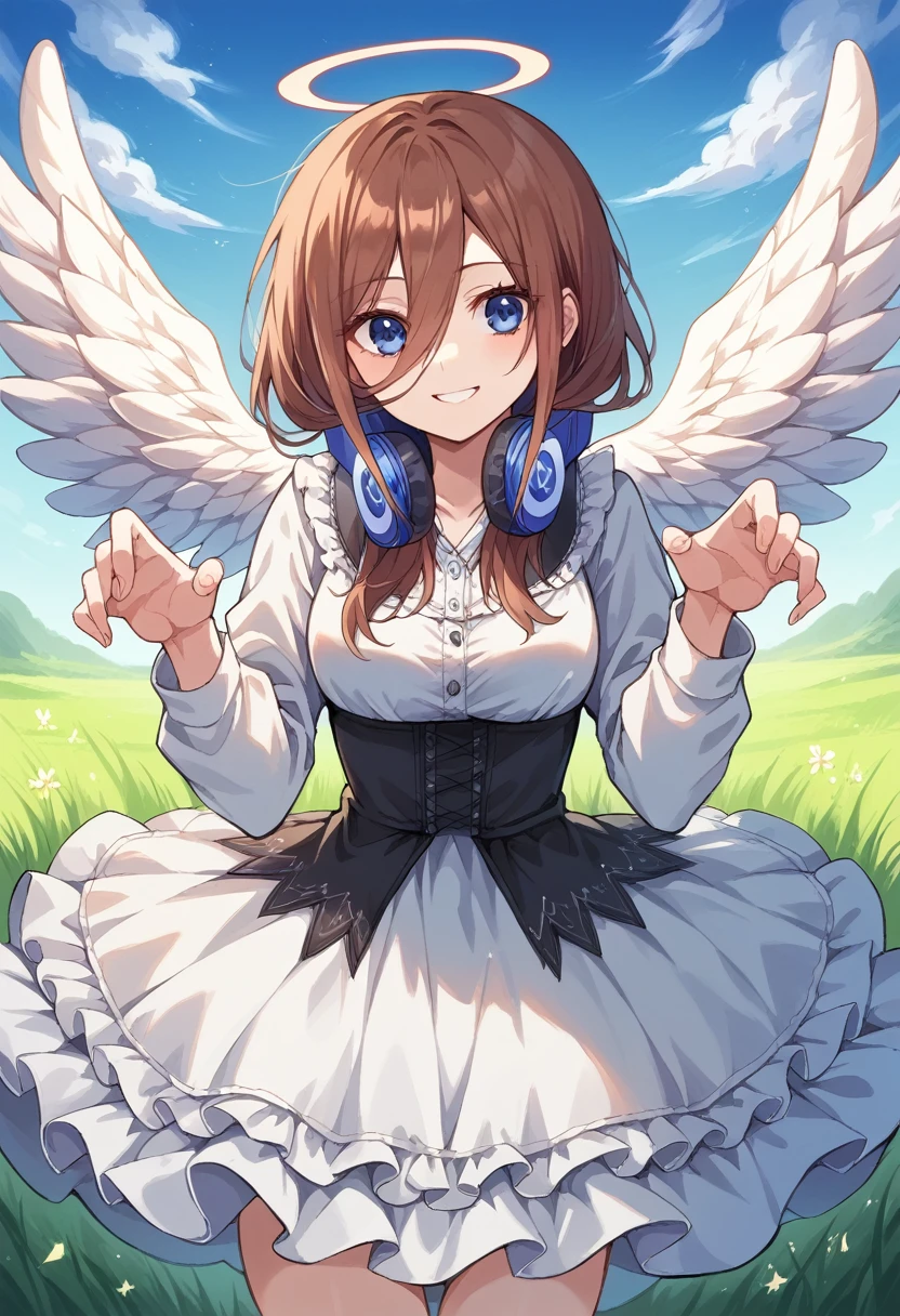 miku nakano, long hair, bangs, blue eyes, brown hair, shirt, hair between eyes, headphones, cardigan, headphones around neck,blue and white dress, Victoria Gothic ****ta Fashion, ****ta Style, , rococo dress, ****ta fashion, one-piece,dress,petticoat,dynamic pose, angel wings, frills, tighthighs,halo, blue sky, grassy terrance,smile