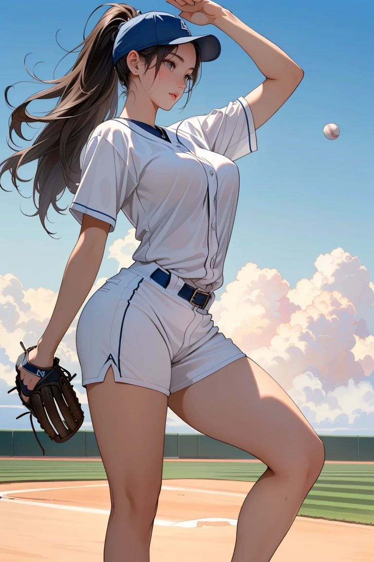 ((masterpiece, Highest quality, High resolution)), ((Highly detailed CG integrated 8K wallpaper)), (Huge and stunning goddess shot, Very hot and sexy, Incredible beauty, Perfect Proportions, Beautiful body, Slim body beauty:1.3), Female baseball player throwing a ball on a field, Female baseball player, Detailed face and hands, Dynamic Photography, Baseball Action, Full Body Shot, 
