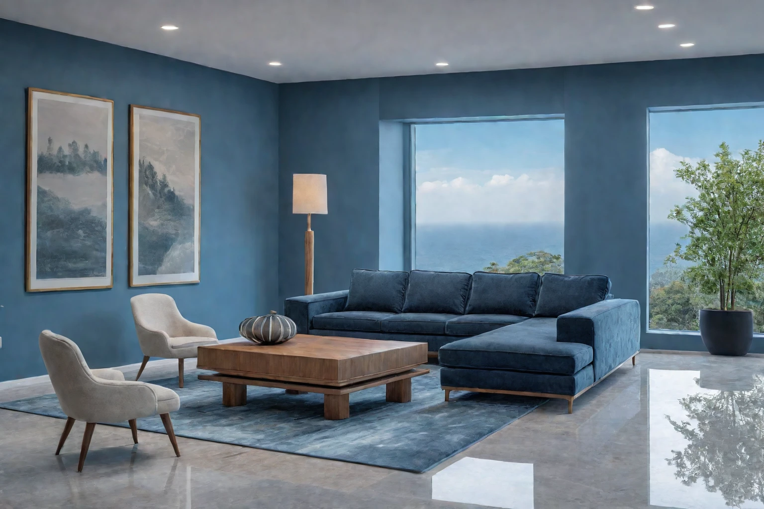 Living room design in modern style, daylight, extremely sharp images, 1 sofa, 2 armchairs, 1 table, 1 lamp post, plush floor carpet, wall painting, with window frame 2-panel aluminum glass, white ceiling, blue walls, granite floor, luxury, sophistication, natural landscape, recessed LED lights