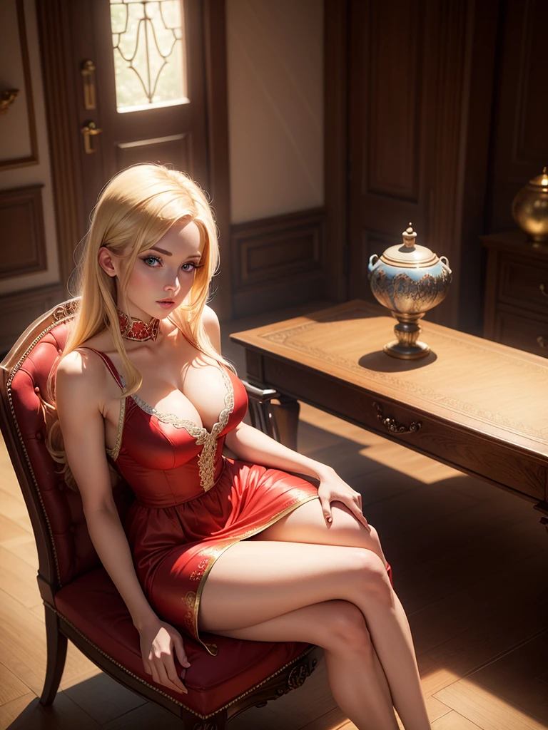 Blonde woman, twenty eight years old, blue eyes, wearing red dress, beautiful dress, sitting on a chair in a exquisite room, fantasy world, strong body, big tits