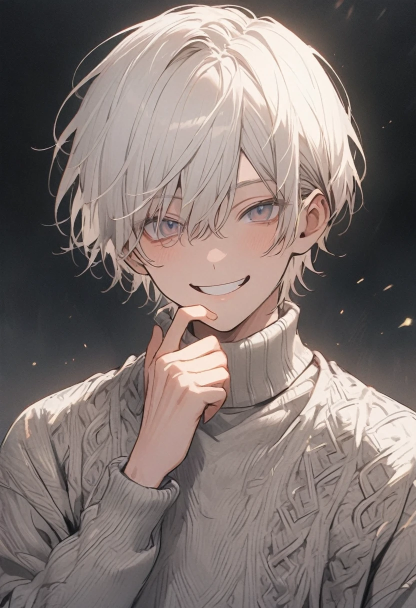 White Hair, Short Hair, 30generation, male, good looking, Bad look, knit, Upper Body, Are standing, Background white, male一人, 1 person, smile, Close your mouth, Bossy,