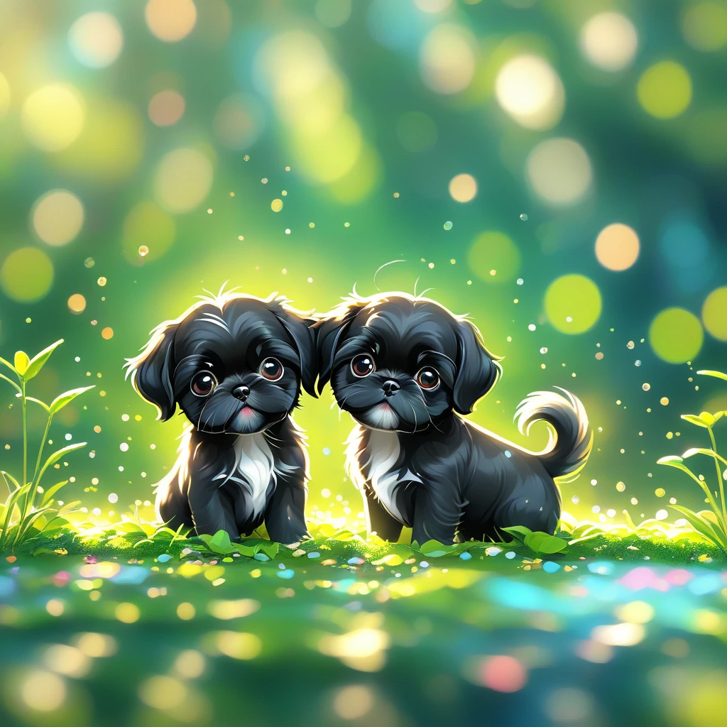 (masterpiece, best quality:1.2), 2 adorable small solid black Shih Tzu puppies on green background, cute numbersArt, Lovely and detailed digital art, 4k hd illustration wallpaper, Cute numbers, Blurred dream illustration, 4k hd wallpaper illustration, Cute 3d rendering, A beautiful artistic illustration, 2d illustration, 2d illustration, Blurred dreamy illustration, Epic Concept Art. bokeh