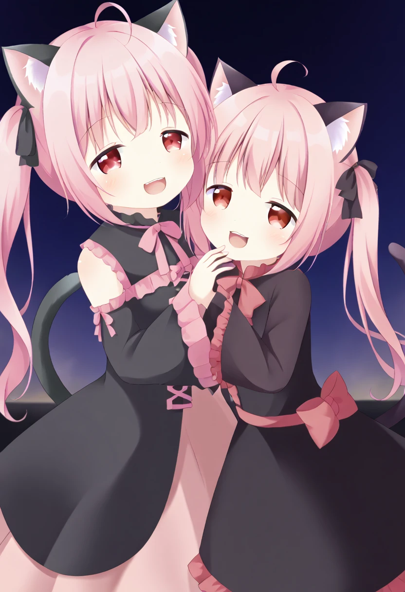 Cat ear、Pink Hair、Red eyes、Half-closed eyes、Looking at me、Moe sleeves、Ahoge、Double teeth、laughing、Black cat、 Straight Bangs、Lolita pink、Pigtails