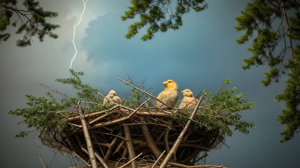 Create a close-up image of a forest during a severe storm, with broken branches and leaves being blown away by strong winds. In the center of the image, also in close-up, depict a nest with a mother bird calmly sitting over her chicks, conveying a sense of peace and tranquility amidst the chaos of the storm. The scene should clearly illustrate the concept of "Peace in the Midst of Chaos," showing the contrast between the violent storm and the calmness of the nest.