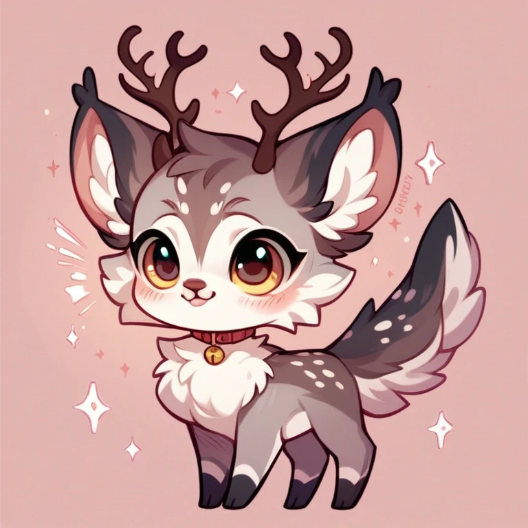 cute，furry，Collar，Tail, cat,  deer antlers, small deer tail, chibi, , cute, fawn spots, begging, grey fur, magical creature, solo,