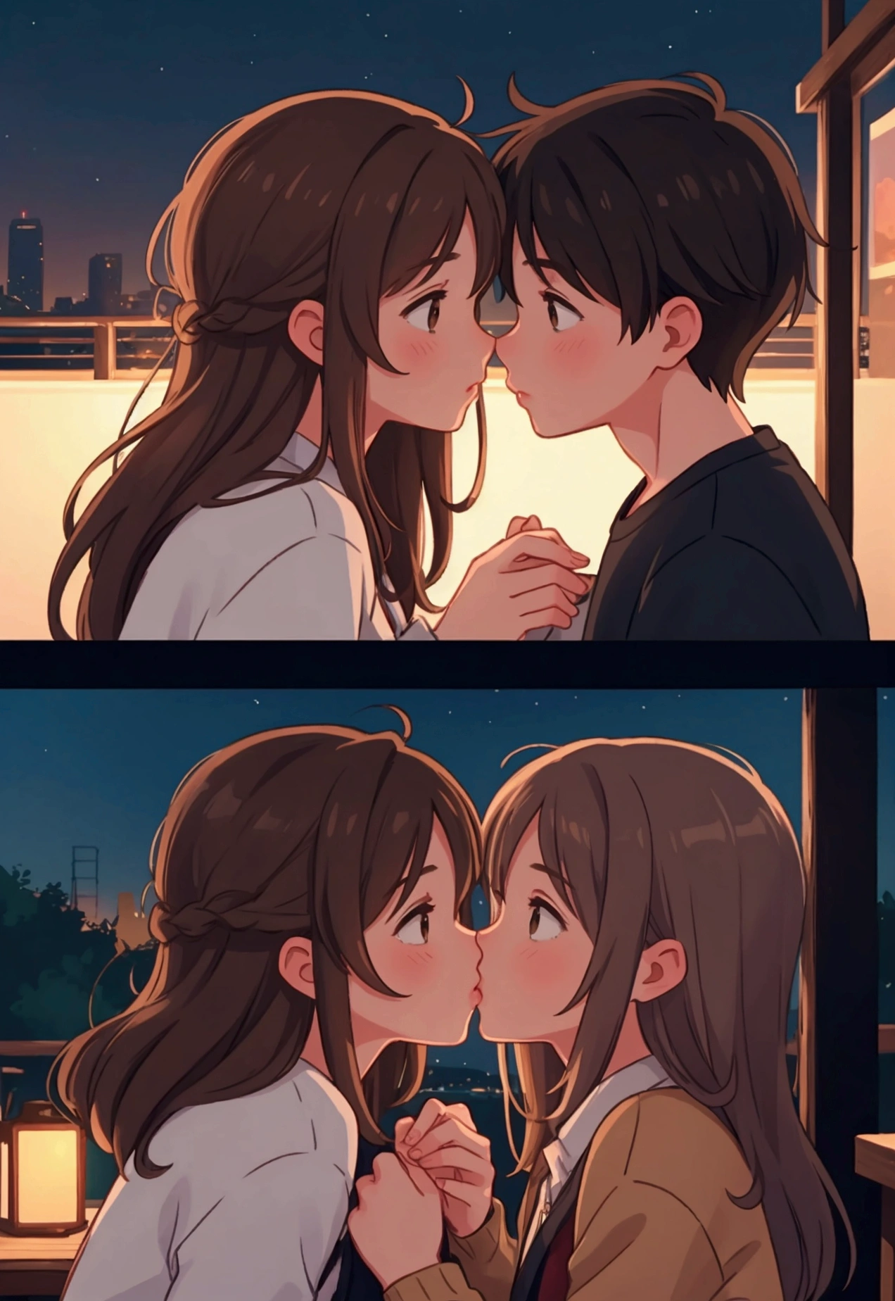 a couple kissing , male and female, brown hair, night time