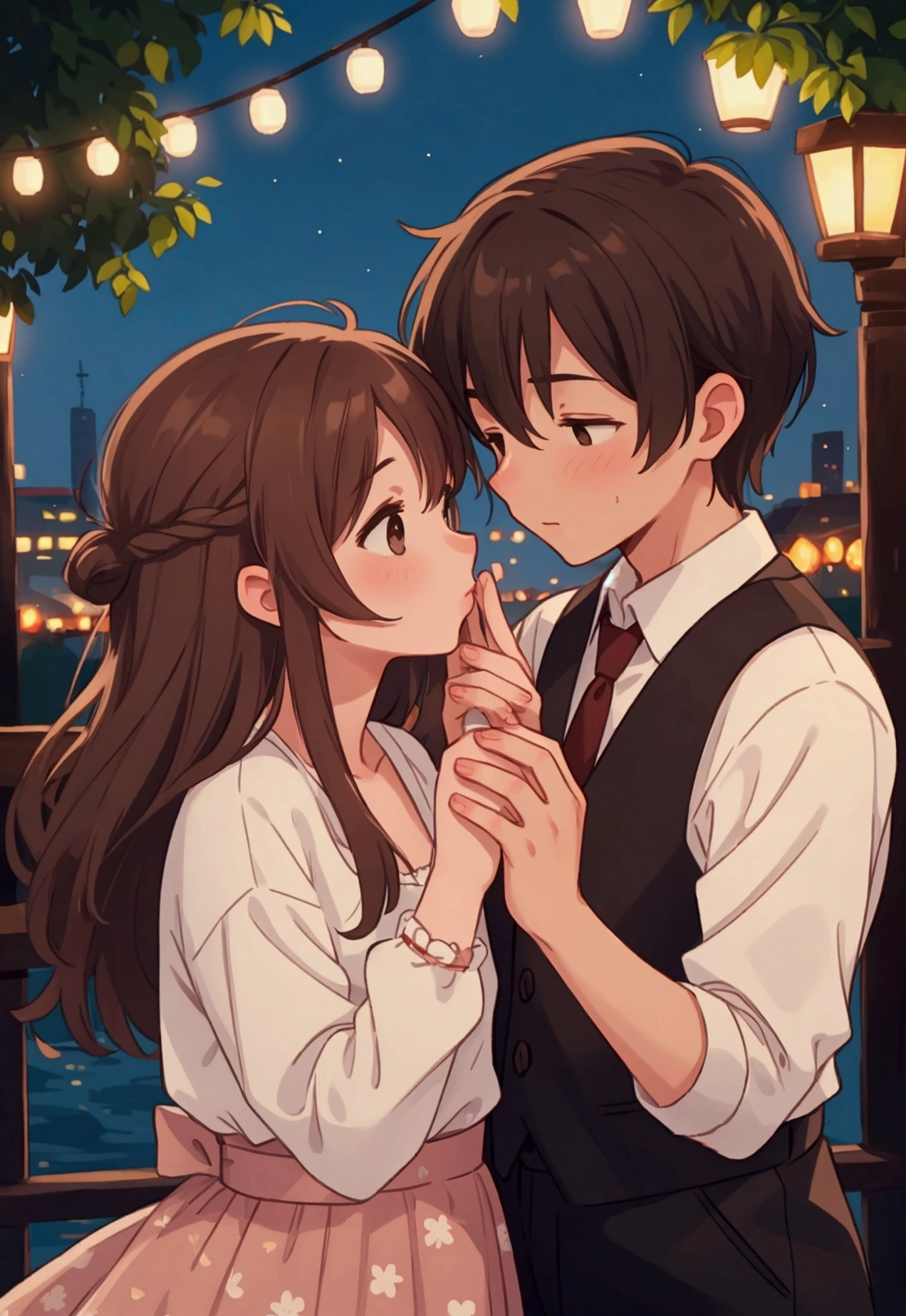 a couple kissing , male and female, brown hair, night time