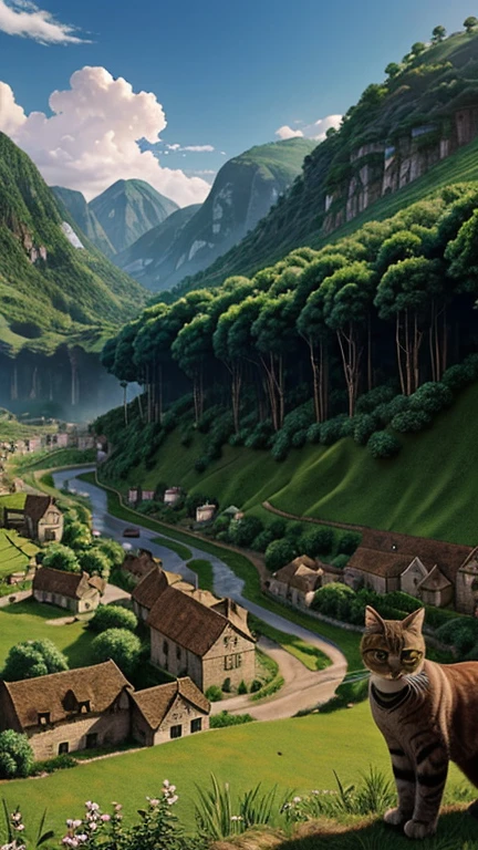 Hyper-realistic digital painting of a giant cat standing guard over a small village nestled in a lush valley. The villagers look up in admiration and gratitude as the cat keeps watch, its eyes scanning the horizon for any threats. The cat's fur is beautifully detailed, and the peaceful village, with its quaint houses and winding paths, contrasts with the cat's imposing presence. The scene evokes a sense of protection and harmony between the giant feline and the village inhabitants. Cinematic composition, trending on ArtStation.