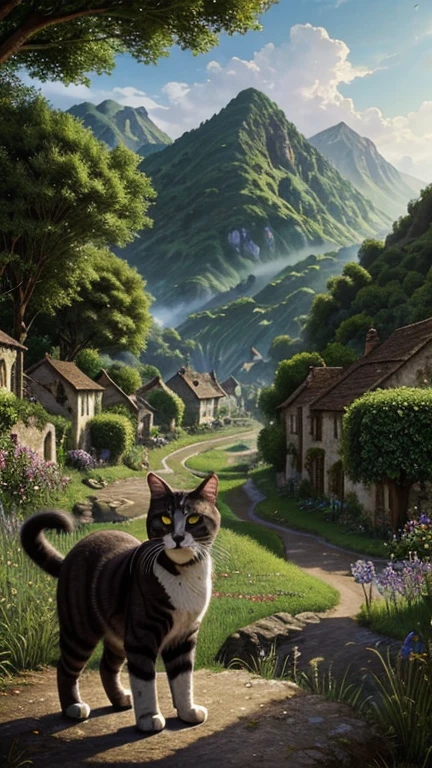 Hyper-realistic digital painting of a giant cat standing guard over a small village nestled in a lush valley. The villagers look up in admiration and gratitude as the cat keeps watch, its eyes scanning the horizon for any threats. The cat's fur is beautifully detailed, and the peaceful village, with its quaint houses and winding paths, contrasts with the cat's imposing presence. The scene evokes a sense of protection and harmony between the giant feline and the village inhabitants. Cinematic composition, trending on ArtStation.