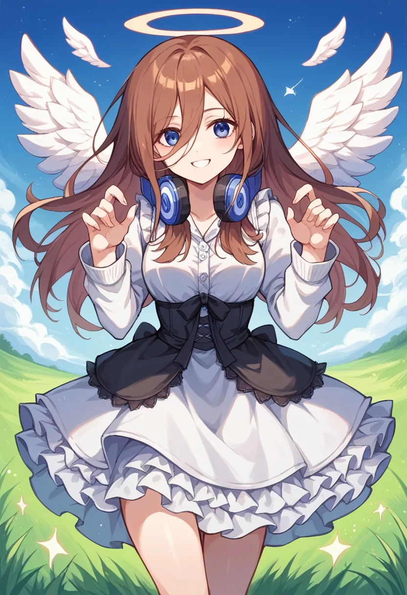 miku nakano, long hair, bangs, blue eyes, brown hair, shirt, hair between eyes, headphones, cardigan, headphones around neck,blue and white dress, Victoria Gothic Lolita Fashion, Lolita Style, , rococo dress, lolita fashion, one-piece,dress,petticoat,dynamic pose, angel wings, frills, tighthighs,halo, blue sky, grassy terrance,smile