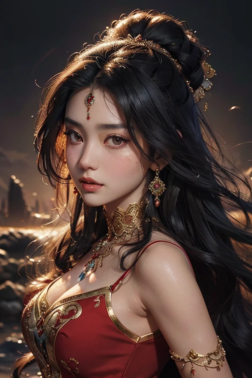 a beautiful detailed oil painting portrait of an Uzbek princess, a woman with long wavy black hair, whole oily body skin, wearing a tightly red dress, showing her sweaty armpits and big breasts, highly detailed, photorealistic, dramatic lighting, cinematic, artistically rendered, vibrant colors, intricate details, masterpiece, award-winning , whole body photo