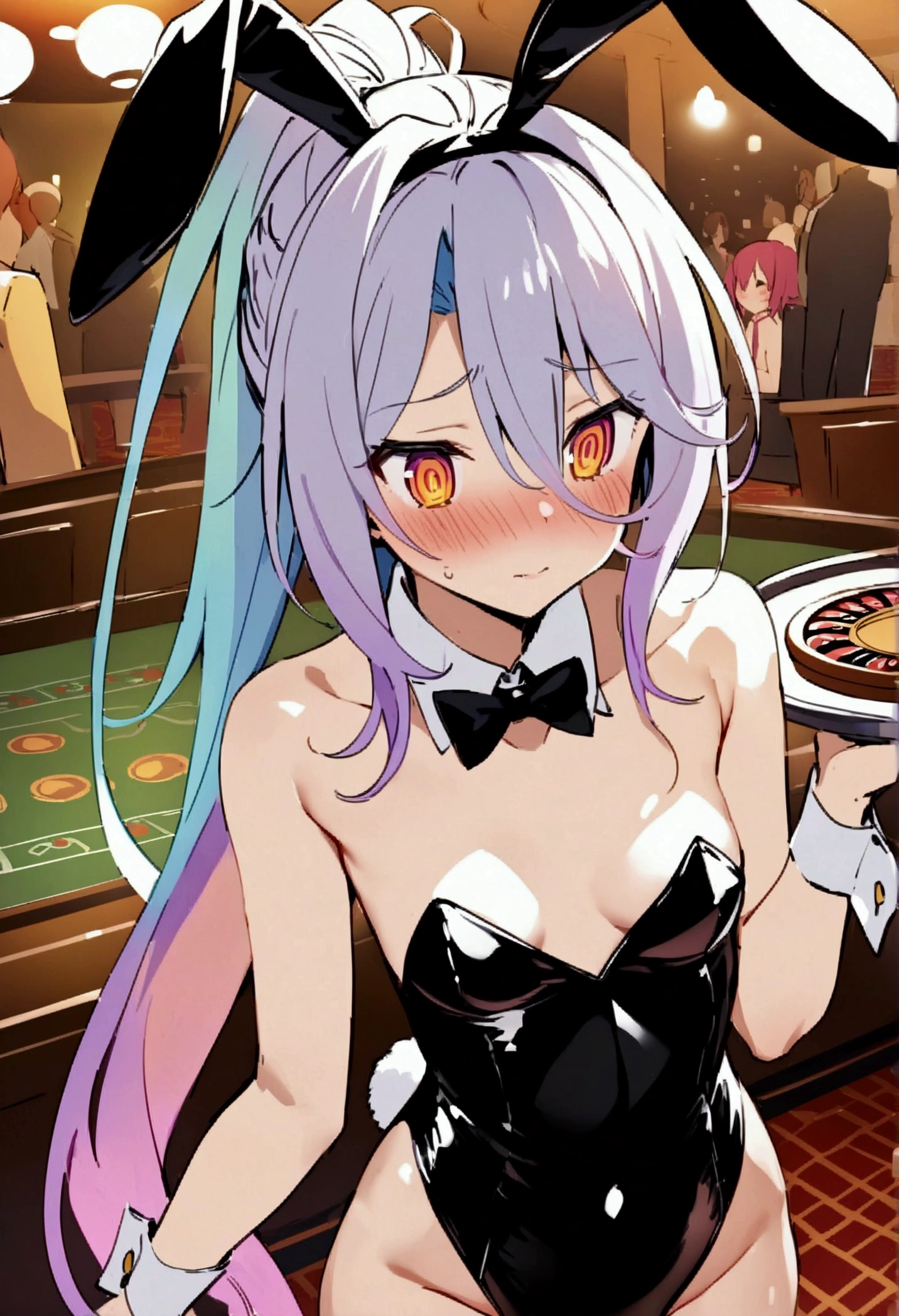 NSFW,masterpiece,Highest quality,High resolution,Very detailed,white\(no game No life\),Small breasts,ponytail,Bunny ears,Playboy Bunny,casino,Holding Tray,Dissatisfied face,blush,Service