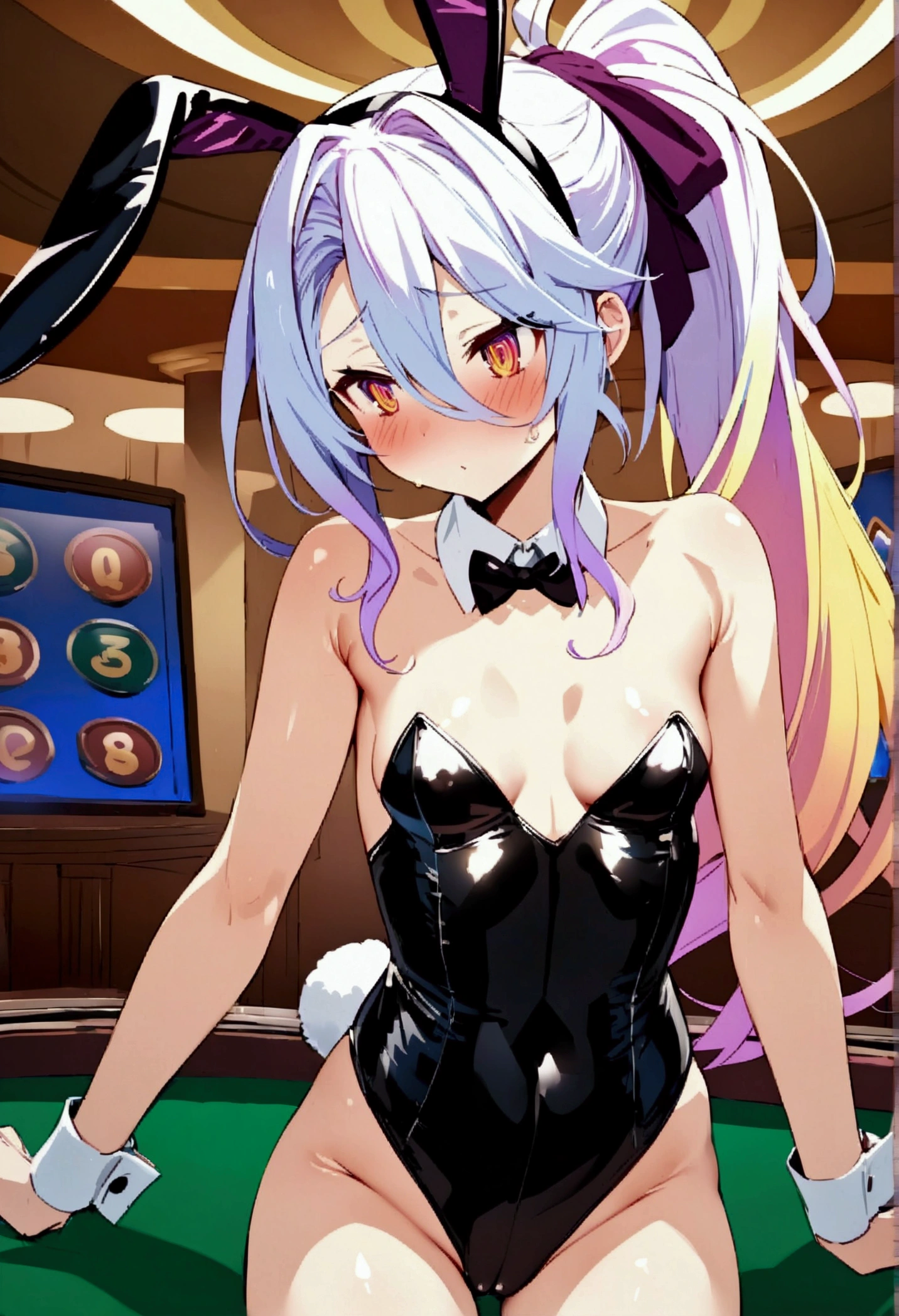 NSFW,masterpiece,Highest quality,High resolution,Very detailed,white\(no game No life\),Small breasts,ponytail,Bunny ears,Playboy Bunny,casino,Holding Tray,Dissatisfied face,blush,Service