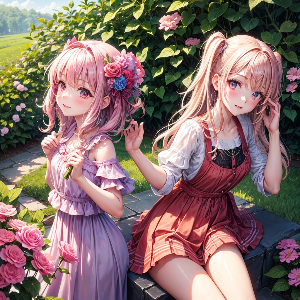 Make an image of a beautiful and pretty girl playing with a pink flower