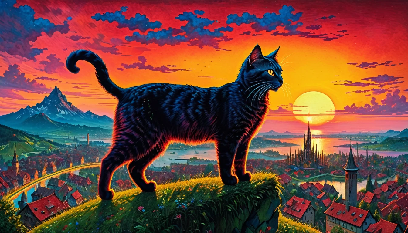 ((top air view)) A giant cat, cyberpunk crimson sunset, created ((in the style of Albrecht Altdorfer)), Renaissance, pin-dot art,((oil painting knife)), rainessanse older gradient, Complex details, intricate, aesthetics, ((best quality, Masterpiece)),
((Highest detail), Octane rendering, 8K