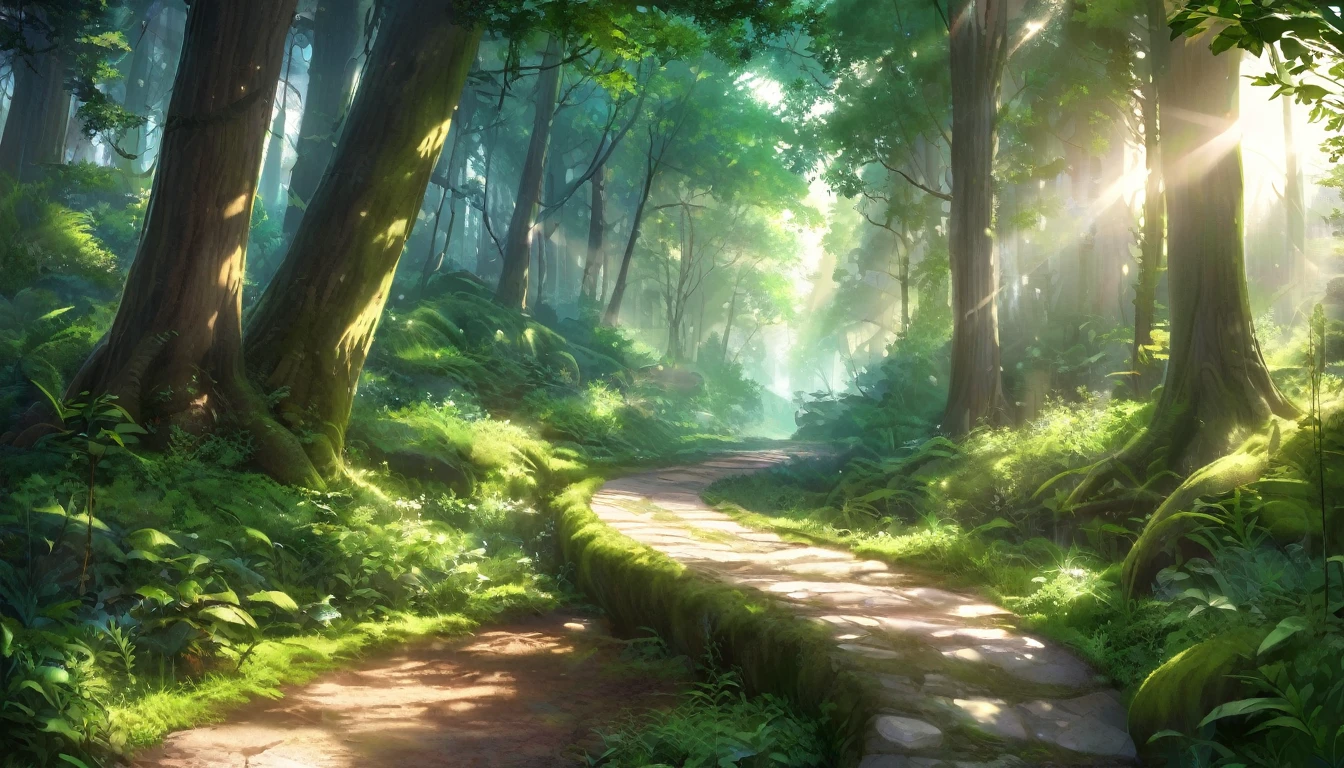 a beautiful forest path,sunlight streaming through the trees,lush green foliage,winding trail,detailed foliage,intricate leaf patterns,warm natural lighting,photorealistic,8k,highly detailed,vibrant colors,breathtaking landscape,serene atmosphere,tranquil forest scene,stunning nature scenery