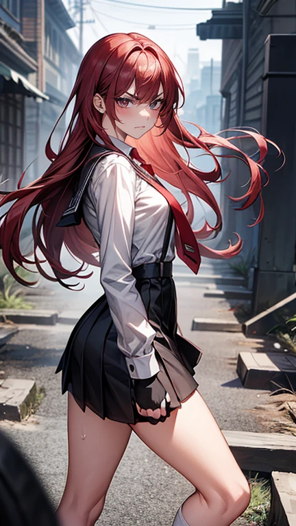 {{masterpiece}}, {{{Highest quality}}},{{Very detailed}}, {{figure}},{{tall}},{{Adult female}},,{{Fighting stance}},｛From Side｝,{{Long sleeve mini skirt uniform}},{{}},}}{}},{fighting stance}},{},{}, ,{{Among the ruins}},{{Eyelet foot}},,{{blushing with anger}},{{v-shaped eyebrows}},,{{}},{{}},,Slender body}}{{Avoidance}}{{Female police officer}},,,,suspenders　,Long sleeve mini skirt uniform, White High Socks,Black fingerless gloves, Long Red Hair, Red tie,Straight hair ,Blunt bangs,Thigh holster,.amountn loafer,,blush,Wrinkles ,amount,Grit your teeth,suffering,v-shaped eyebrows.,Sweat dripping,Medium chest ,get annoyed,,Slums,,Twisting,Among the ruins
