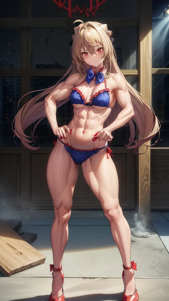 (((1 girl))), when he plows, (Red eyes: 1.5), blond hair, Long hair, conical hair bun, hair ornament, hair shots, Ahoge, fringe, blue bow tie, (Wearing a very sexy and short bikini), has, (muscular belly), muscular abs, Wide hips, Thin waist, (((posing sexy))), wearing black heels, (((standing)) ), {{{Full body photo}}}, bad humor, REST looking at the viewer , breaking and entering, classroom, interval (masterpiece: 1.2), Best Quality, highest resolution, unity wallpaper 8k, (illustration: 0.8), (beautiful detailed eyes: 1, 6), extremely detailed face, perfect lighting, Extremely detailed CG, (perfect red nails, perfect anatomy),