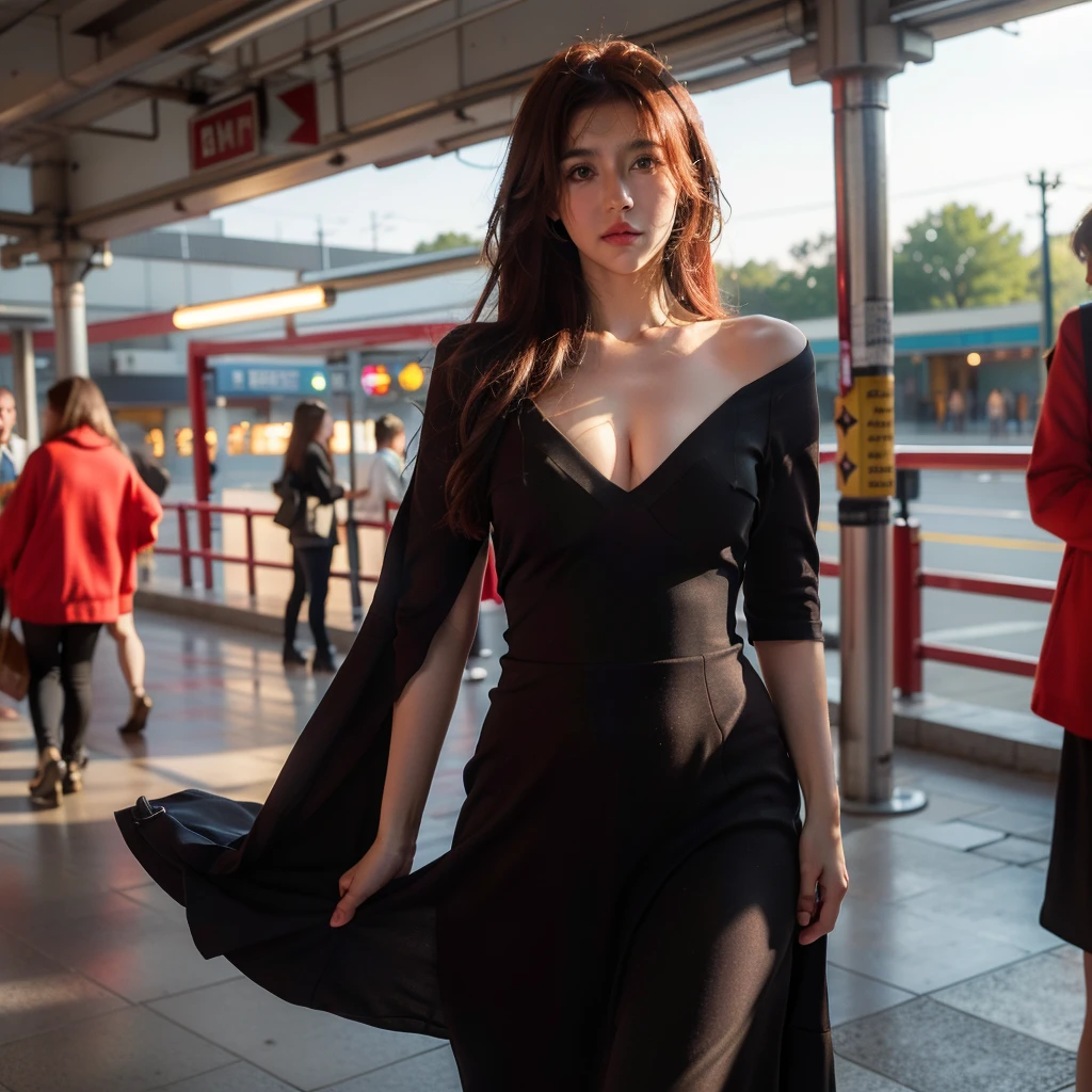 full body shot, Best quality, a 20y, (chubby:1.2), 1kazak girl, wearing bohemian woolen dress, big breast, (sexy:1.2) (redhead:1.2), hair blowing in the wind, moody, dep shadow, low key, posing in subway station, (perfect object:1.2), kodacrhome, (cinematic lighting:1.3), (ultra highres;1.3), highly detailed:1.3), masterpiece, sharp focus, beautiful film bokeh, surreal view, candid style, shot by zenit camera with 35mm lens, Portrait by annie leibovitz