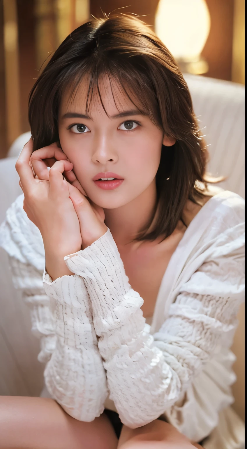 White Lingerie,((Highest quality, 8k, masterpiece:1.3)), concentrated: 1.2, Perfect Body Beauty: 1.4, Hip: 1.2, Layered Haircut, Highly detailed face and skin texture, Delicate eyes, double eyelid, White skin, Long brown hair、slim、thin、Model body type
