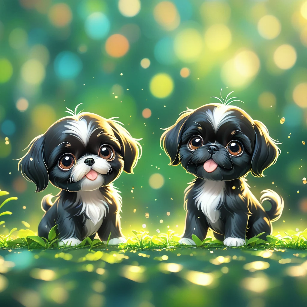 (masterpiece, best quality:1.2), 2 adorable black Shih Tzu puppies on green background, cute numbersArt, Lovely and detailed digital art, 4k hd illustration wallpaper, Cute numbers, Blurred dream illustration, 4k hd wallpaper illustration, Cute 3d rendering, A beautiful artistic illustration, 2d illustration, 2d illustration, Blurred dreamy illustration, Epic Concept Art. bokeh