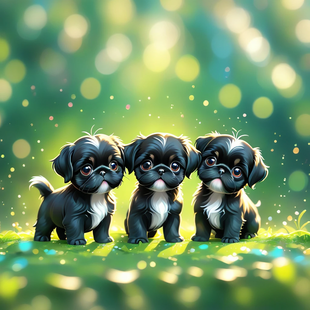 (masterpiece, best quality:1.2), 2 adorable black Shih Tzu puppies on green background, cute numbersArt, Lovely and detailed digital art, 4k hd illustration wallpaper, Cute numbers, Blurred dream illustration, 4k hd wallpaper illustration, Cute 3d rendering, A beautiful artistic illustration, 2d illustration, 2d illustration, Blurred dreamy illustration, Epic Concept Art. bokeh