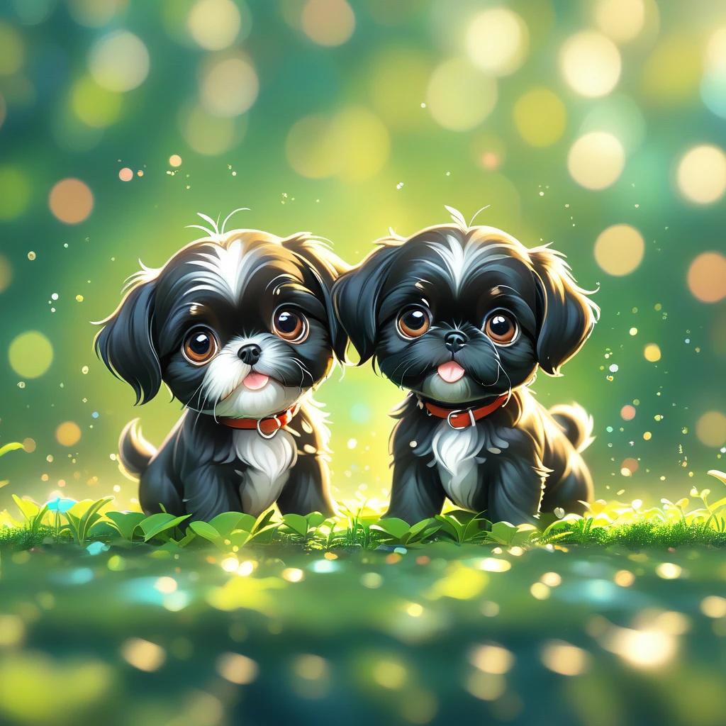 (masterpiece, best quality:1.2), 2 adorable black Shih Tzu puppies on green background, cute numbersArt, Lovely and detailed digital art, 4k hd illustration wallpaper, Cute numbers, Blurred dream illustration, 4k hd wallpaper illustration, Cute 3d rendering, A beautiful artistic illustration, 2d illustration, 2d illustration, Blurred dreamy illustration, Epic Concept Art. bokeh