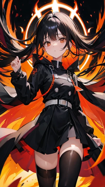 Anime girl wearing flames all over her body in black tights Black Hair The inside of the hair is orange Long coat